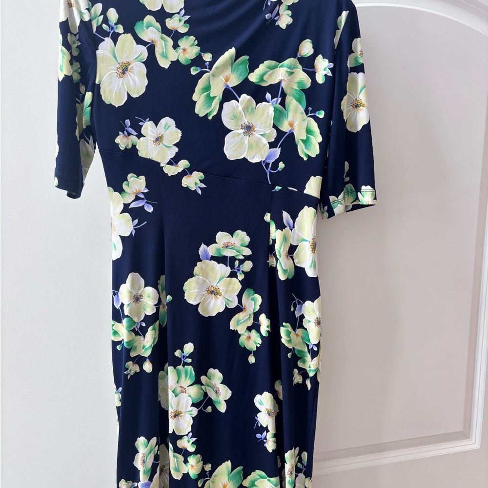 Connected Apparel Yellow and Blue Floral Wrap Midi Dress